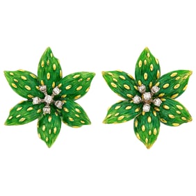 Pair of Gold, Green Enamel and Diamond Flower Earclips