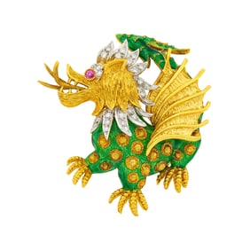 Two-Color Gold, Green Enamel, Diamond and Ruby Dragon Clip-Brooch