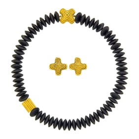 Christopher Walling Gold and Ebony Bead Necklace and Pair of Earclips