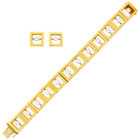 Gold and Diamond Bracelet and Pair of Earclips
