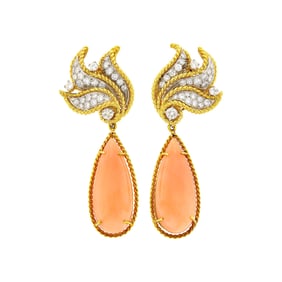 Pair of Two-Color Gold, Diamond and Angel Skin Coral Pendant-Earclips