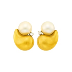 Marlene Stowe Pair of Gold, Mabé Pearl and Diamond Earclips
