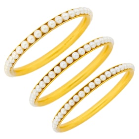 Three Gold and Cultured Pearl Bangle Bracelets