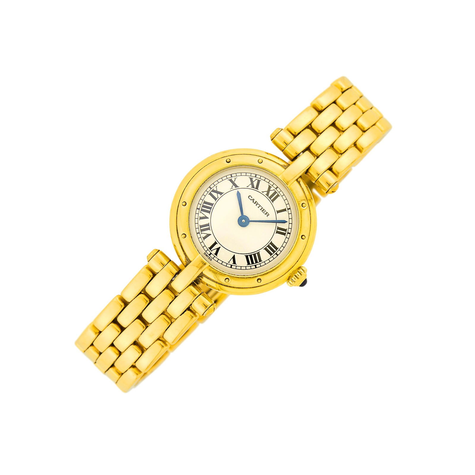 Cartier Gold 'Panthère Vendome' Wristwatch: 18 kt., quartz, round silver-tone dial, black Roman numerals, blued steel hands, case dia. ap. 23 mm., five-row bar link bracelet, double deployant clasp, signed Cartier, ap. 40 dwts. gross. Length 6