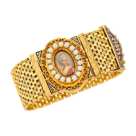 Gold, Cultured Pearl and Enamel Portrait Fringe Pendant-Brooch Bracelet-Watch