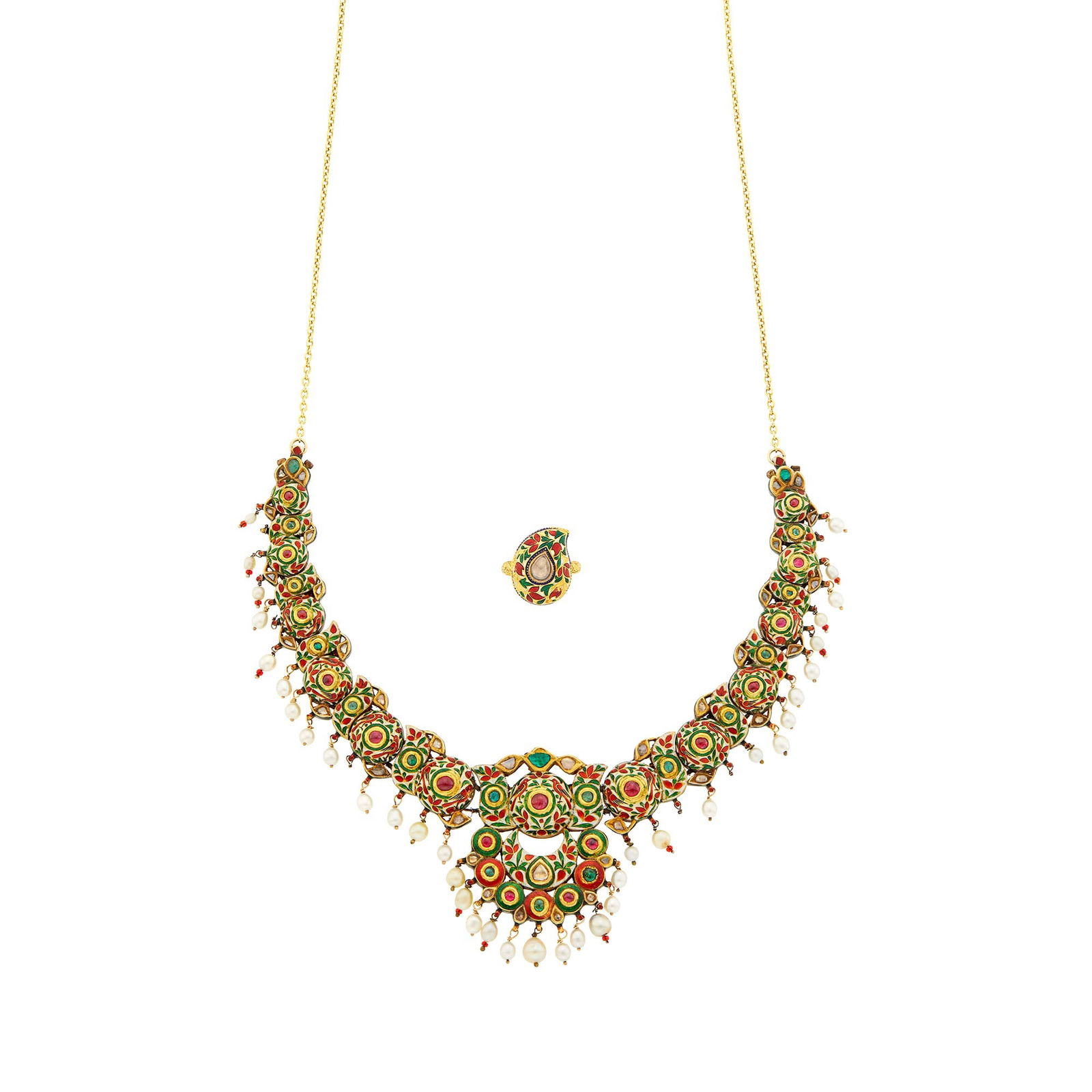 Indian Gold, Foil-Backed Diamond, Gem-Set, Jaipur Enamel and Freshwater Pearl Necklace with Gold (1 of 2)
