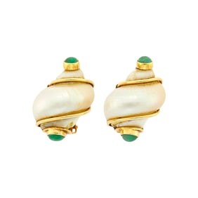 Seaman Schepps Pair of Gold, Shell and Cabochon Emerald 'Turbo Shell' Earclips
