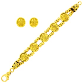 Double Strand Gold Bead and Medallion Bracelet and Pair of Earclips