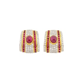 Pair of Two-Color Gold, Ruby and Diamond Earclips