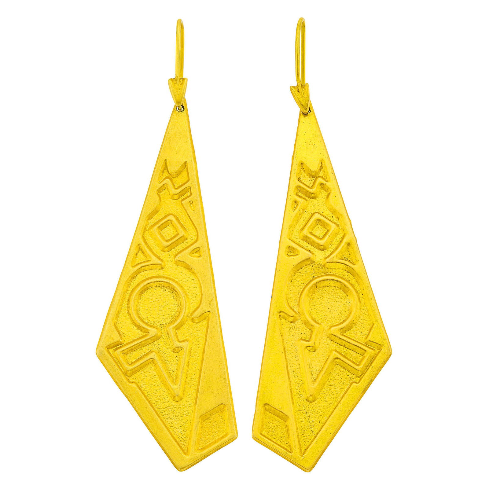 Ilias Lalaounis Pair of Gold Pendant-Earrings: 18 kt., with maker's marks, ap. 3.2 dwts. Bright yellow gold. Hooks. 3 1/4 x 7/8 inches.
