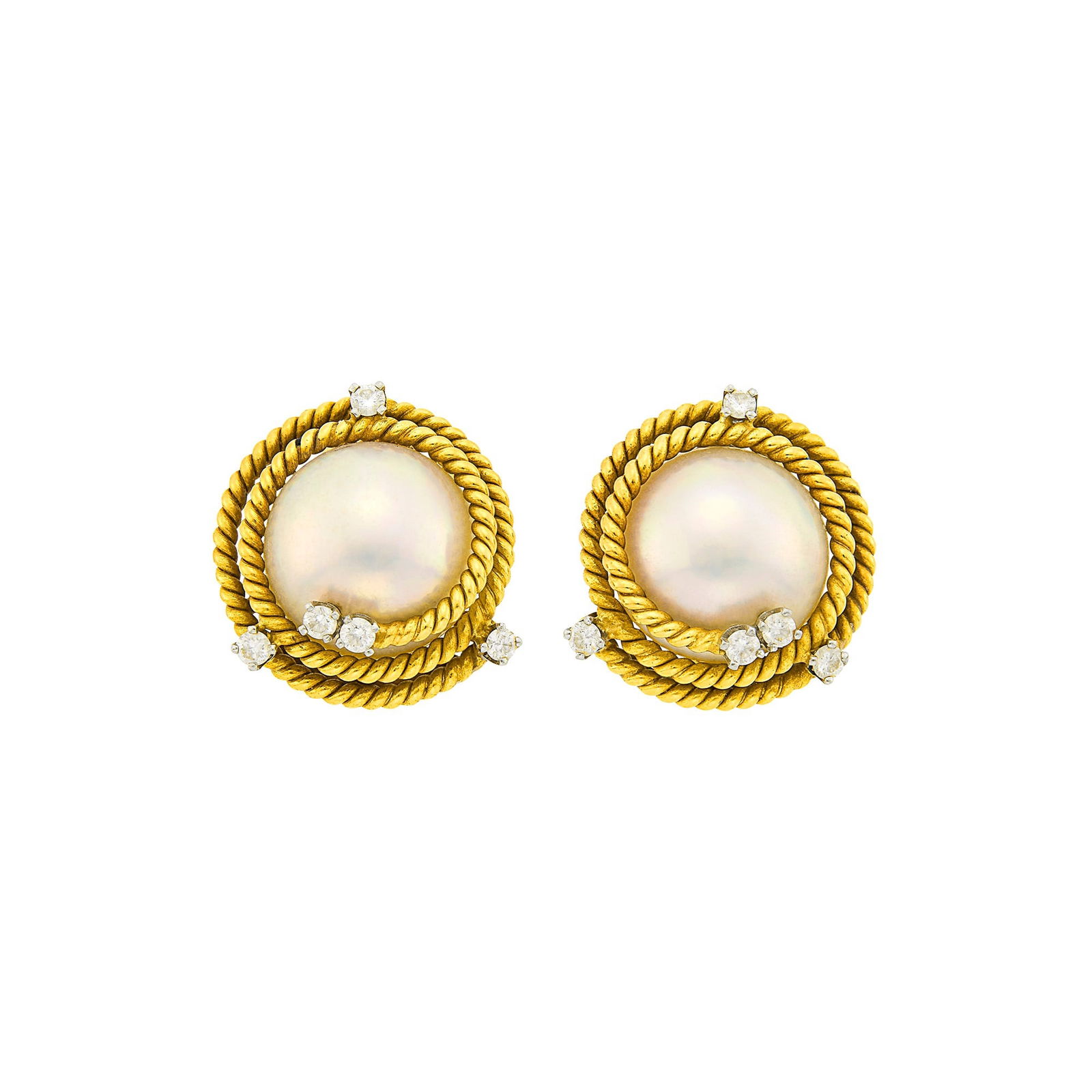 Tiffany & Co., Schlumberger Pair of Gold, Platinum, Mabé Pearl and Diamond 'Rope' Earclips: 18 kt., 2 mabé pearls ap. 14.5 mm., 10 round diamonds ap. .50 ct., signed Tiffany & Co., Schlumberger, ap. 13.5 dwts. Pearls: white, strong rose and green overtones, very good luster. Diamon