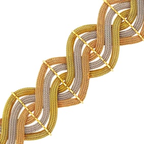 Wide Tricolor Woven Gold Mesh Bracelet