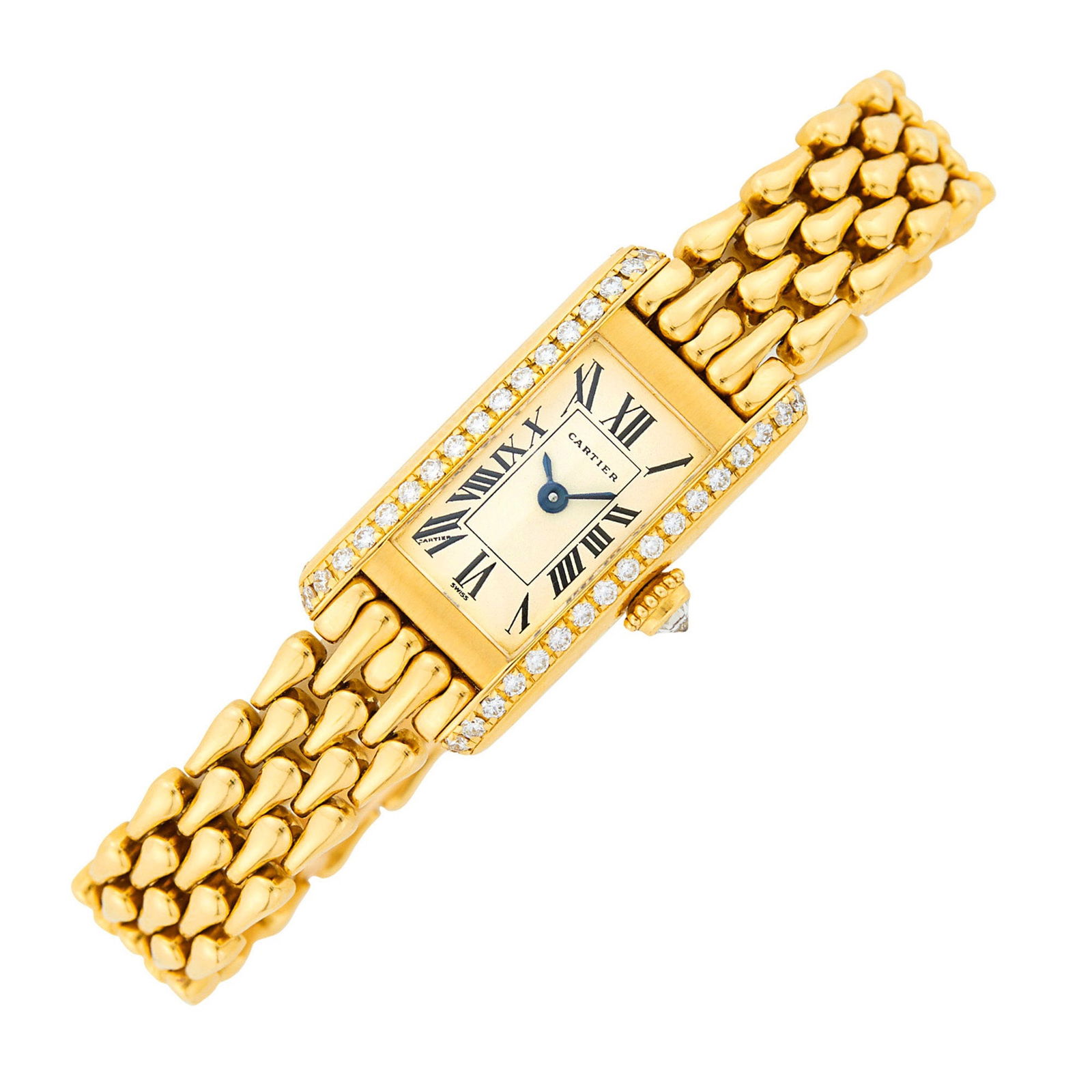 Cartier Paris Gold and Diamond 'Tank Allongée' Wristwatch: 18 kt., quartz, rectangular silver-tone dial, black Roman numerals, 38 small round diamonds, inverted round diamond crown, case dia. ap. 28 x 14 mm., three row teardrop link bracelet with double deplo
