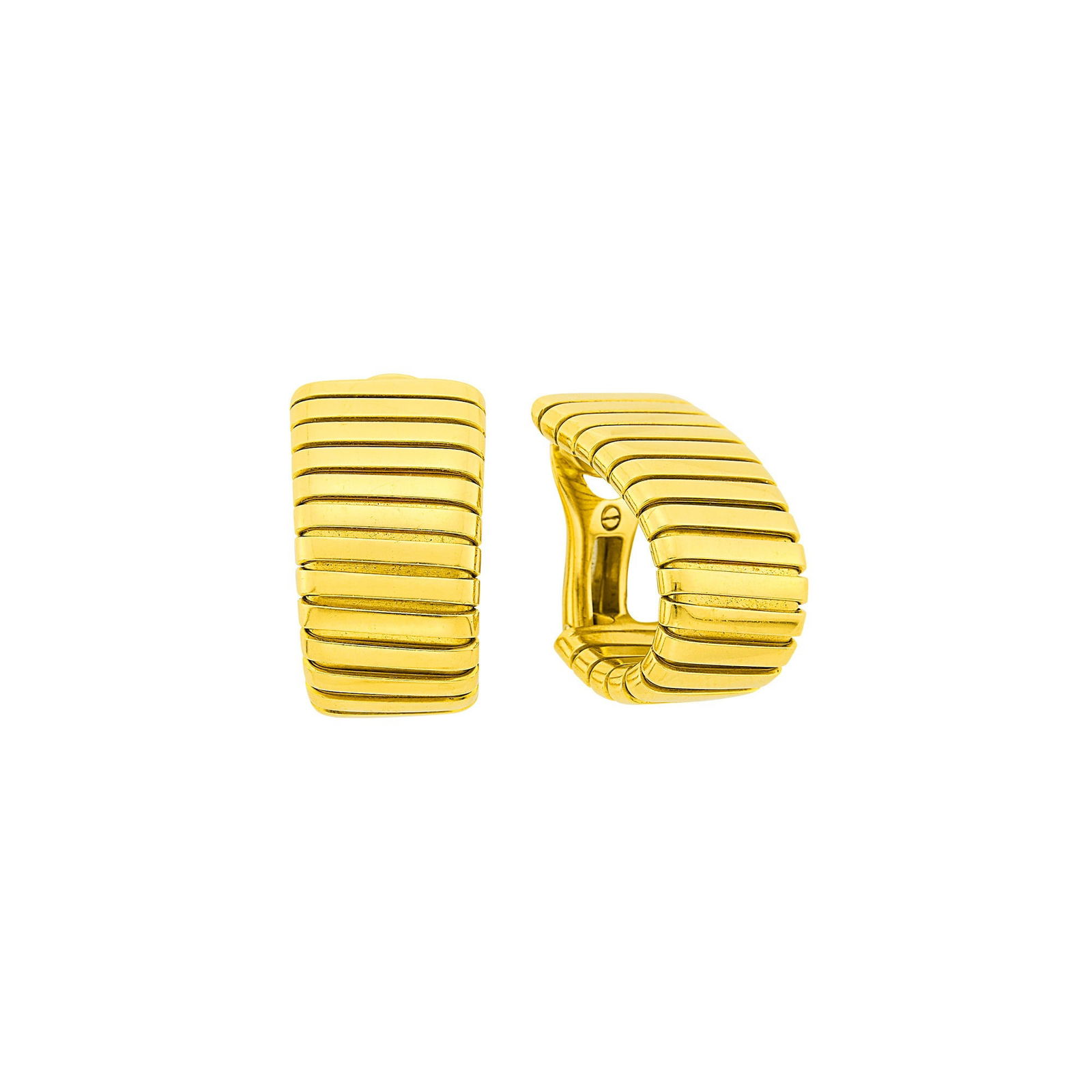 Bulgari Pair of Gold Tubogas J-Hoop Earclips: 18 kt., signed Bulgari, Made in Italy, with Italian assay marks, ap. 20.7 dwts. Clip-backs. 7/8 x 9/16 to 7/16 inch.