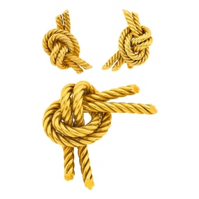 Hermès Gold Knot Clip-Brooch and Pair of Earclips, France