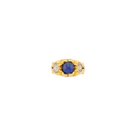 Antique Gold, Cabochon Sapphire and Diamond Ring