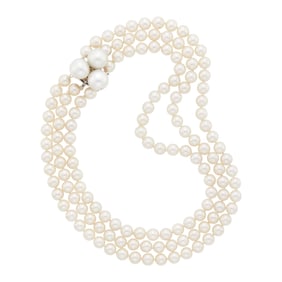 Triple Strand Cultured Pearl Necklace with White Gold and Semi-Baroque South Sea Cultured Pearl