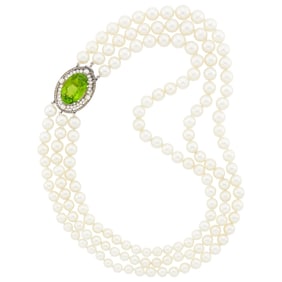 Triple Strand Cultured Pearl Necklace with Platinum, Peridot, Diamond and Button Pearl Clasp