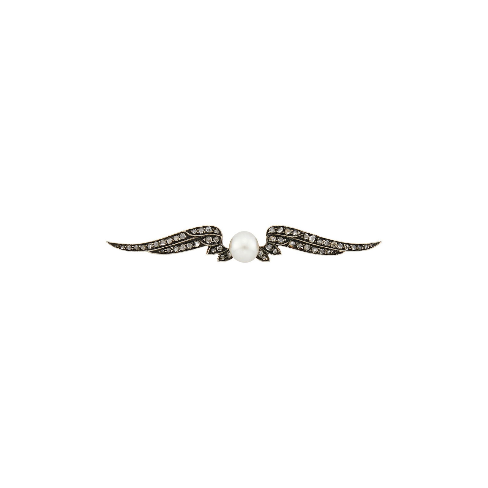 Russian Antique Silver, Gold, Pearl and Diamond Wings of Horace Pin: 14 kt., one pearl ap. 4.6 x 5.0 mm., rose-cut diamonds, with maker's mark and Russian assay mark, ap. 2.5 dwts. With fitted box. The pearl has not been test
