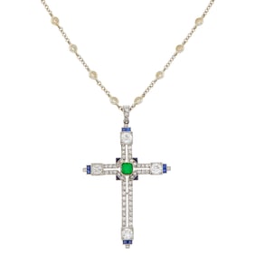 Platinum, Emerald, Sapphire and Diamond Cross Pendant with White Gold and Diamond Chain Necklace