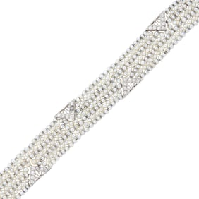 Seven Strand Seed Pearl, Platinum and Diamond Mesh Bracelet