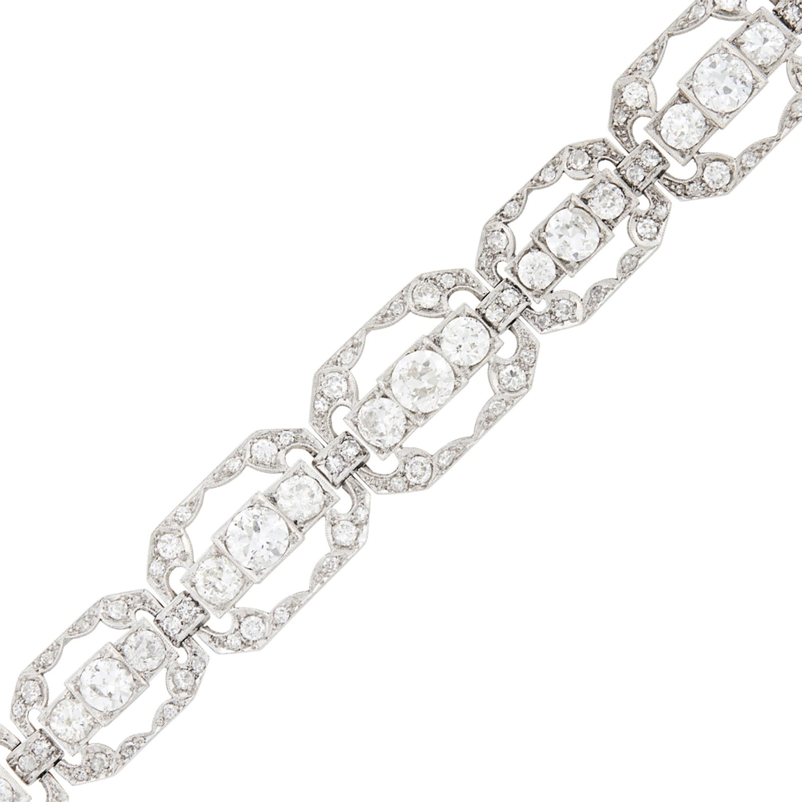 Platinum and Diamond Bracelet: 9 old European-cut diamonds ap. 4.25 cts., 16 old European and transitional-cut diamonds ap. 3.20 cts., 29 old European and 67 single-cut diamonds ap. 2.90 cts., ap. 18.6 dwts. Length 6 3/4 inches. L