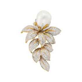 Two-Color Gold, South Sea Cultured Pearl and Diamond Brooch