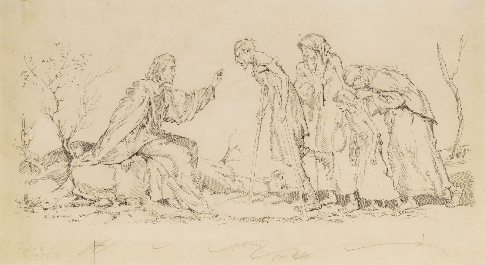 Everett Shinn: American, 1876-1953Christ Healing the Sick, 1945Signed E. SHINN and dated 1945 (ll); with publication notations in pencil in the lower marginPen and ink on paperSheet 10 x 17 7/8 inches (25.4 x 45