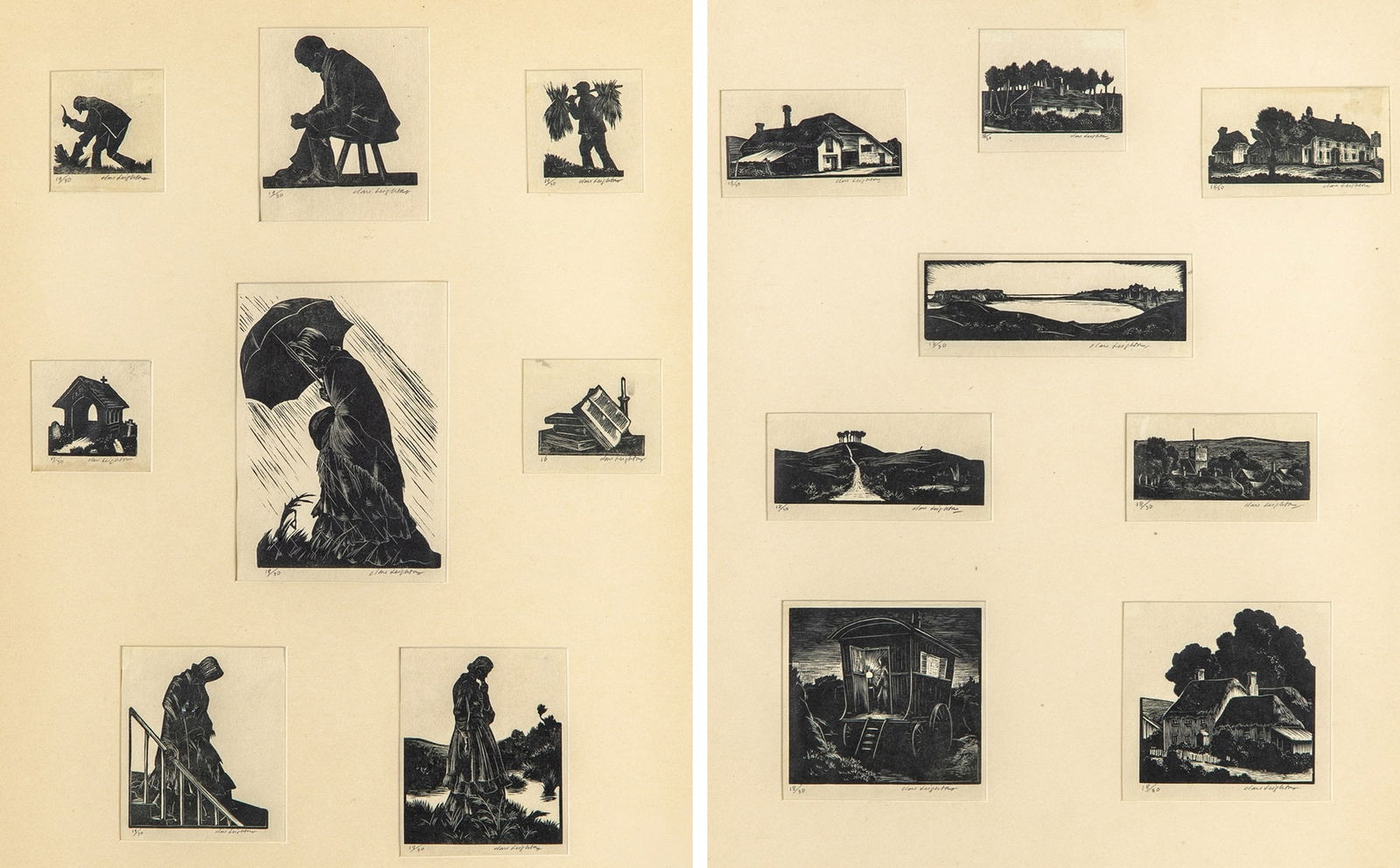 Clare Leighton (1898-1989): THE RETURN OF THE NATIVESixteen wood engravings, 1929, signed, numbered 18/30(8), 19/30(6), 17/30 and 16 in pencil, framed together in two frames.Largest image 4 x 2 3/4 in