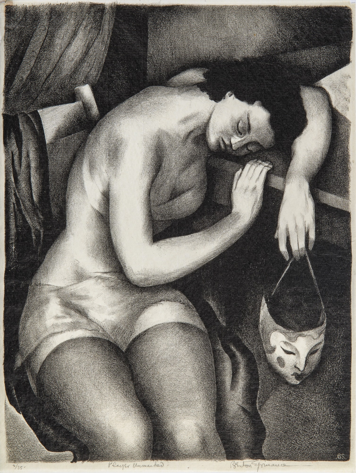 Benton Murdoch Spruance (1904-1967): PLAYER UNMASKED (FINE/LOONEY 90)Lithograph, 1933, on laid paper, signed, titled, and numbered 2/35 in pencil, with small margins, unframed.Image 12 1/2 x 9 3/8 inches (31.7 x 23.8 cm)Sheet 12 13/15 x