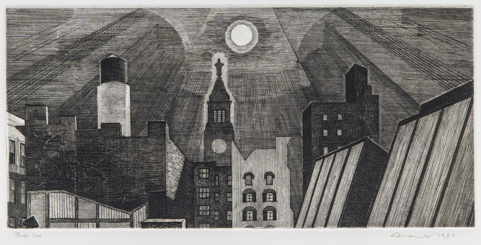 Armin Landeck (1905-1984): MANHATTAN ROOFTOP IN MOONLIGHT (KRAEFT 134)Engraving, 1980, on wove paper, signed, dated and inscribed Ed. 100 in pencil, with full margins, unframed.Plate 5 3/4 x 12 1/8 inches (14.6 x 30.7 cm)Sheet