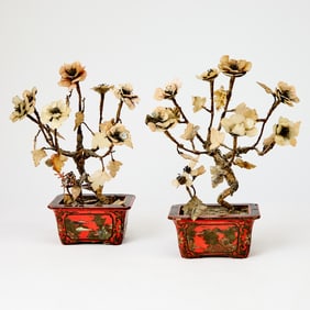 Pair of Chinese Lacquered Planters and Hardstone Flowers Late Qing Dynasty