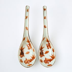 Pair of Chinese Iron Red and White Porcelain Spoons Fu Shou Mark, 19th Century