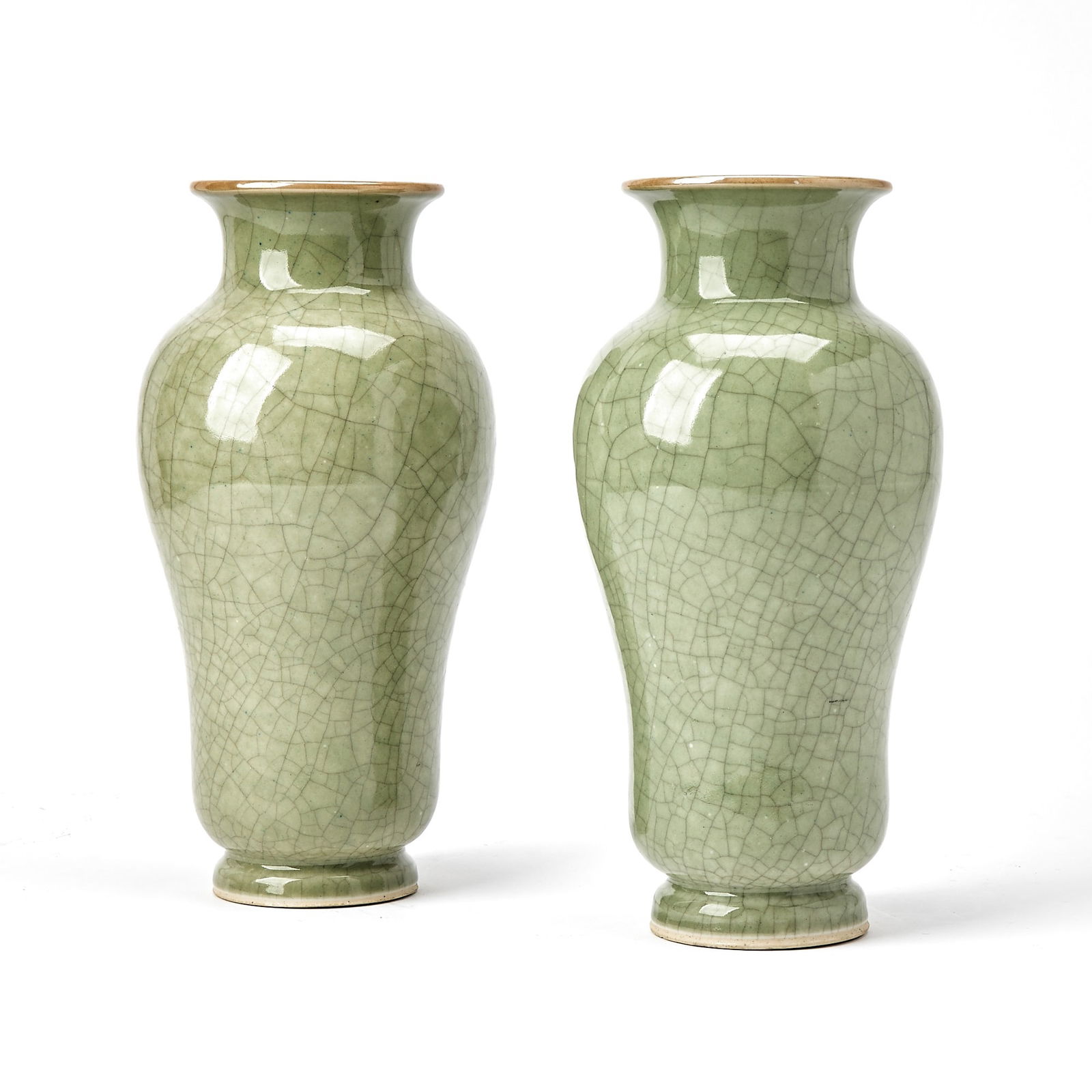 Pair of Chinese Celadon and Crackle Glazed Porcelain Vases: 20th century Each of tapering, high-shouldered form. Height 10 inches