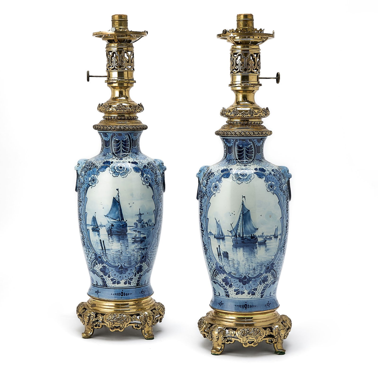 Pair of Delft Style Gilt-Metal Mounted Blue and White Porcelain Table Lamps (1 of 5)