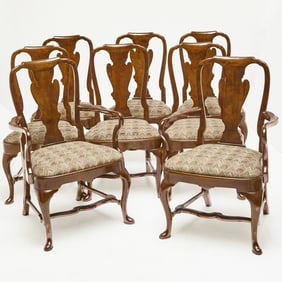 Set of Eight Queen Anne Style Walnut Dining Chairs