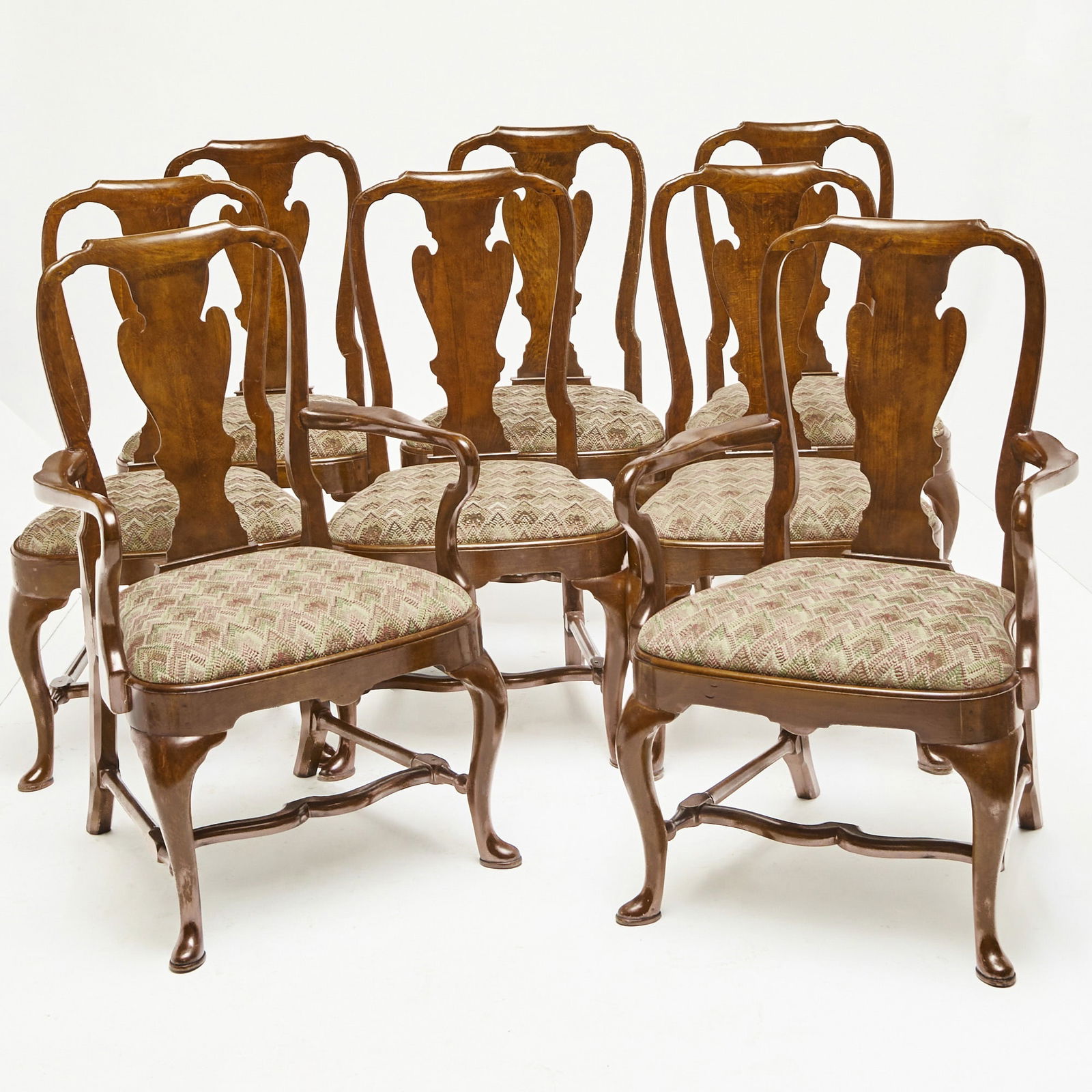 Set of Eight Queen Anne Style Walnut Dining Chairs: Height 38 1/2 inches, width 22 inches, depth of seat 17 1/2 inches.