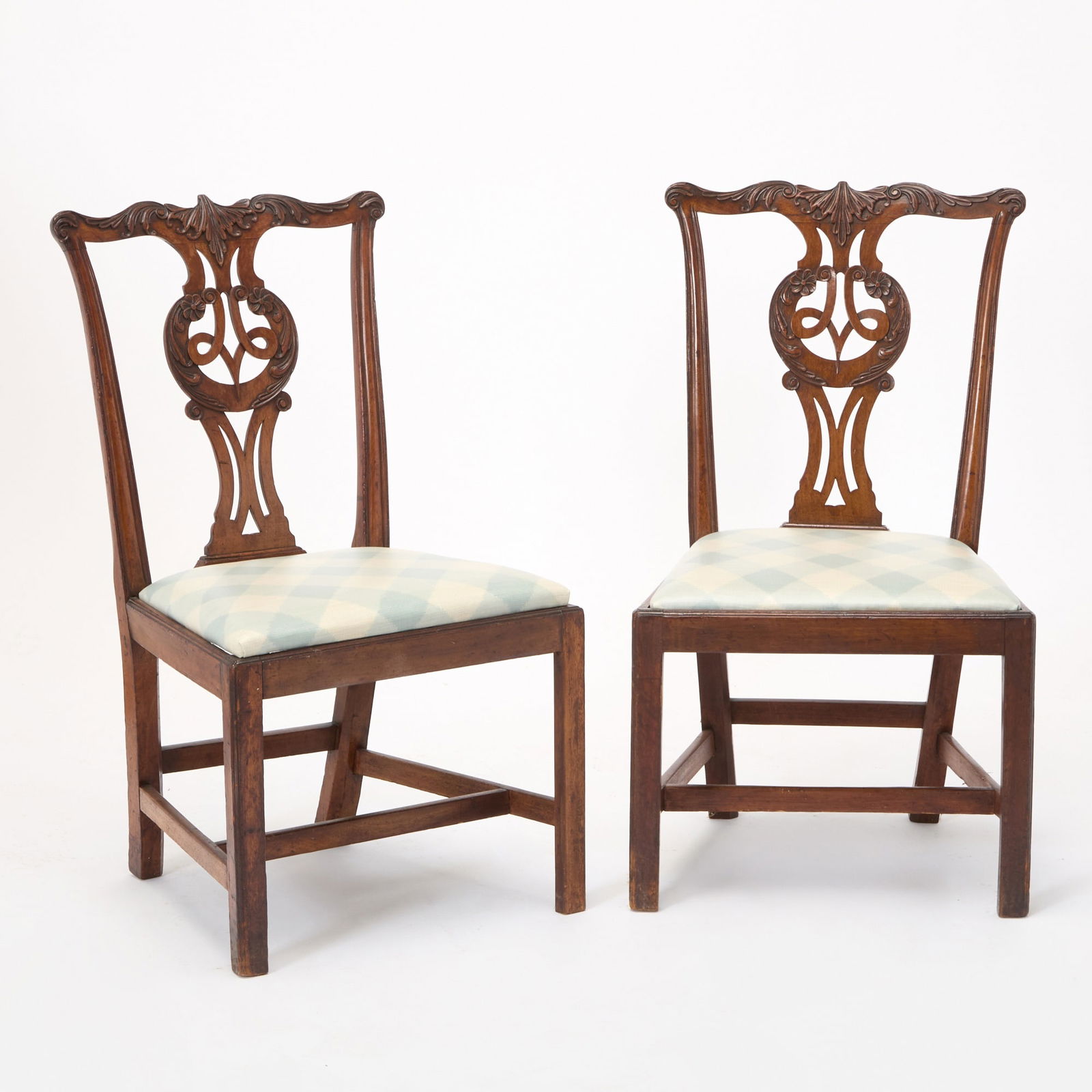 Pair of George III Style Mahogany Side Chairs: 19th century Height 37 1/2 inches, width 21 1/2 inches, depth 17 inches, seat height 18 1/2 inches. Overall with age cracks, scratches and chips