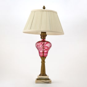 Ruby Glass, Brass and Marble Table Lamp