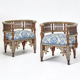 Pair of Syrian Oak and Mother of Pearl Inlaid Armchairs