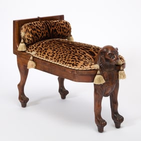 Egyptian Style Upholstered Carved Walnut Bench