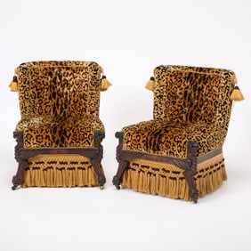 Pair of Egyptian Style Carved Walnut Slipper Chairs