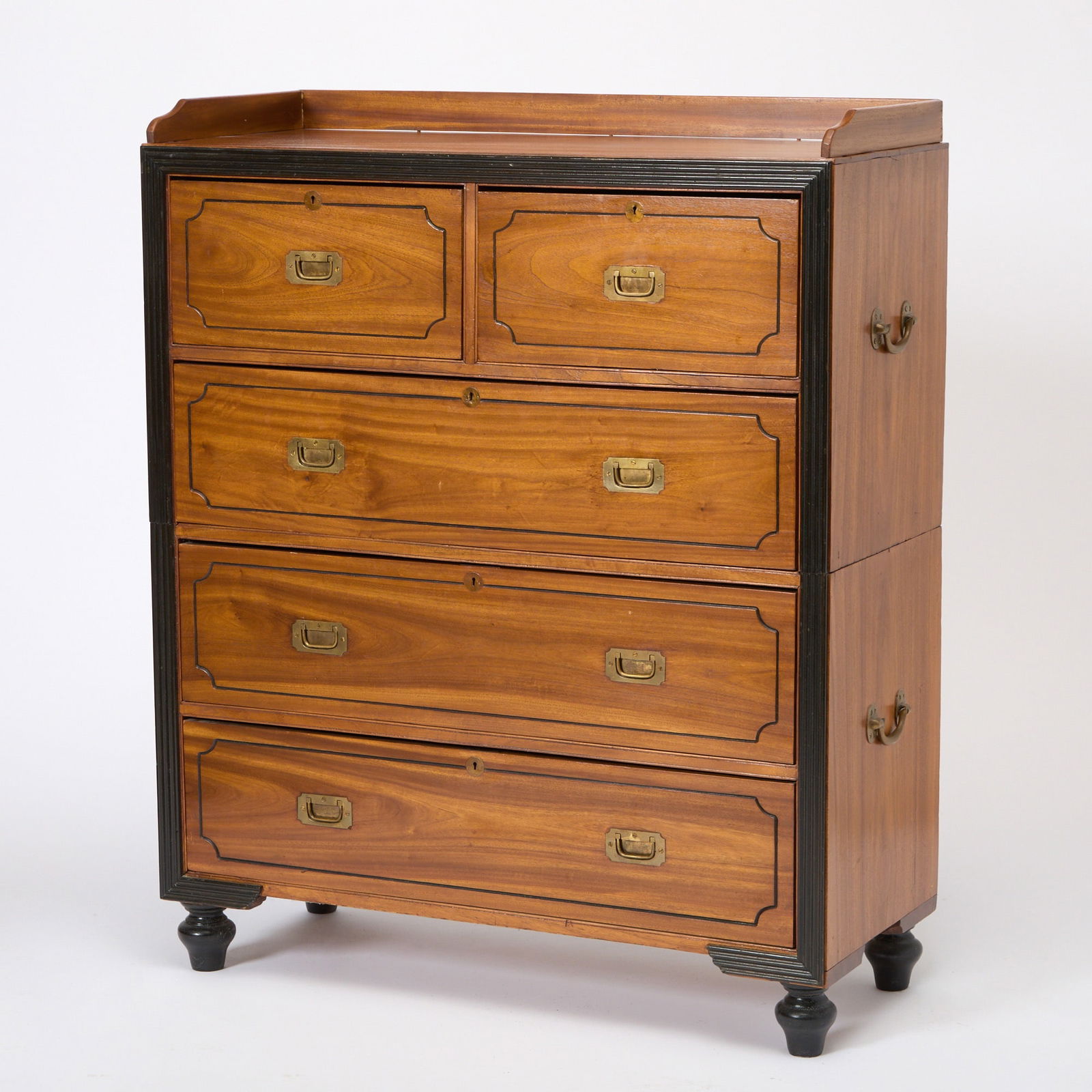 British Colonial Brass Inlaid and Part Ebonized Mahogany Campaign Chest of Drawers (1 of 6)