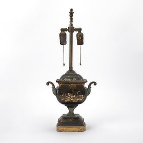 George III Black and Gilt Decorated Tole Urn Mounted as a Lamp