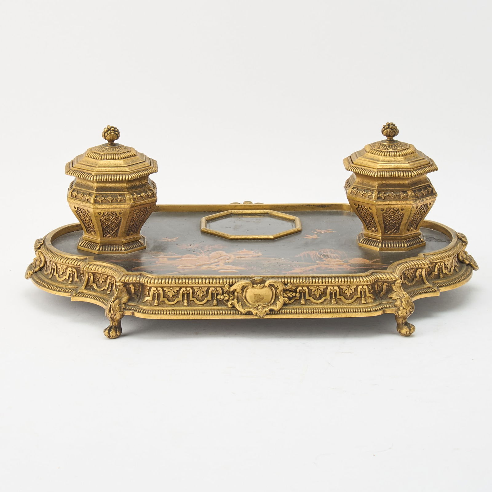 Mappin & Webb Chinoiserie Decorated Lacquered and Gilt-Metal Inkstand: Height 6 inches, width 14 inches, depth 9 1/2 inches.