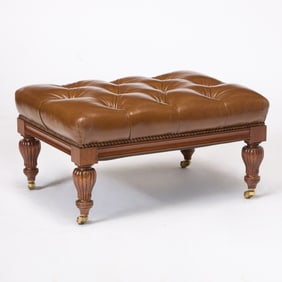 Regency Style Faux Leather Upholstered Mahogany Ottoman