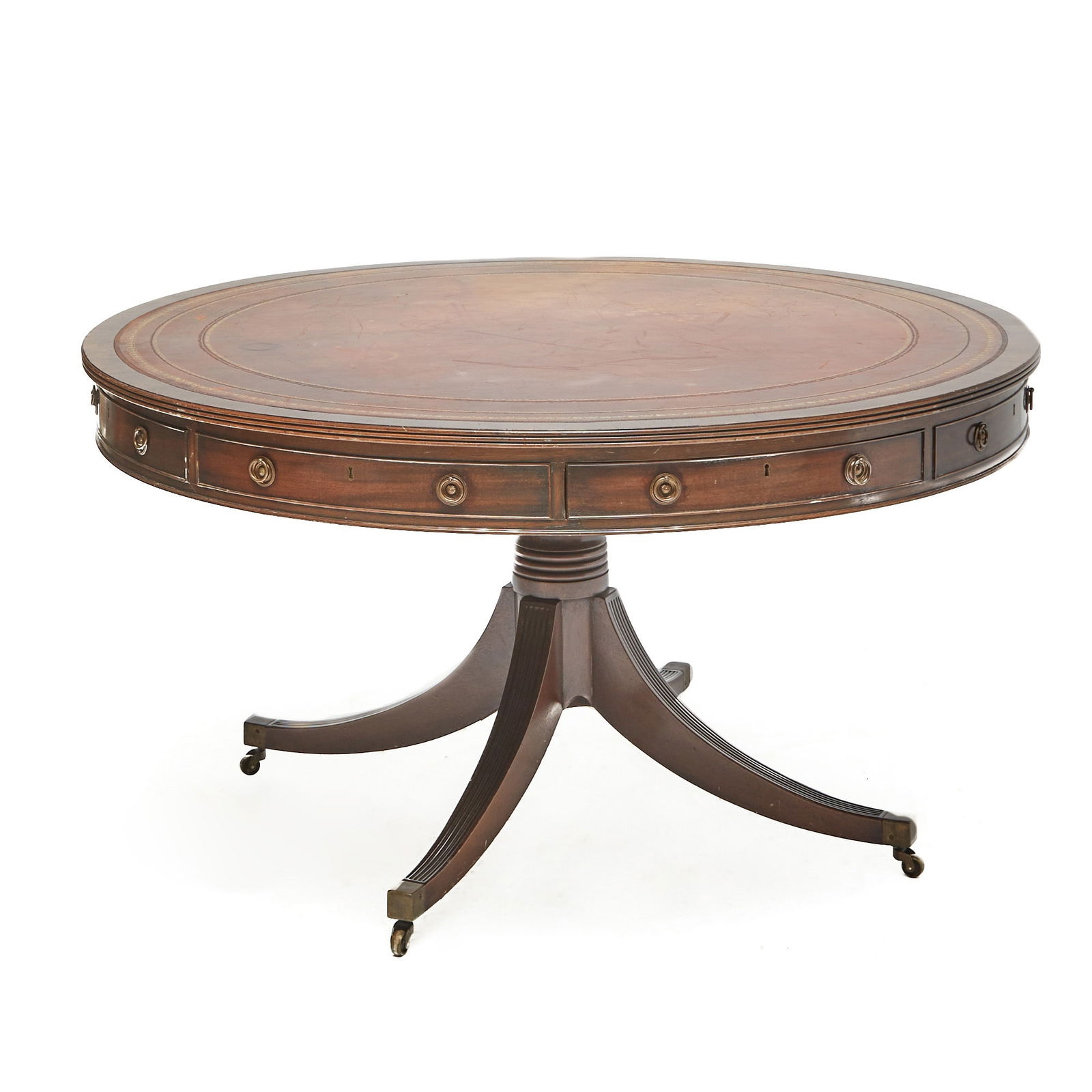 Regency Style Gilt-Tooled Red-Leather Lined Mahogany Drum Table: Height 29 inches, diameter 53 1/2 inches.