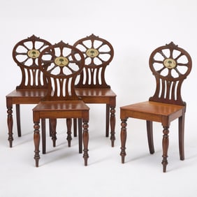 Set of Four Regency Mahogany Heraldic Hall Chairs