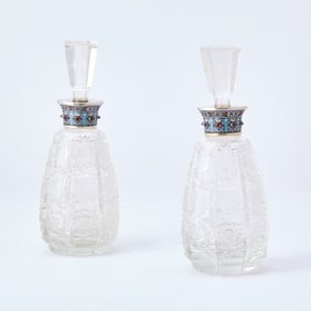 Pair of Russian Style Cloisonné Enamel and Silver Mounted Cut Glass Stoppered Bottles