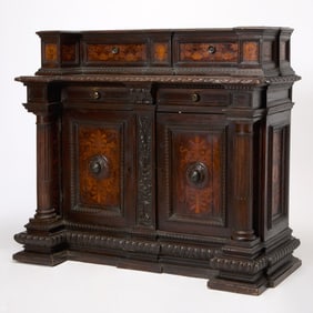 Italian Renaissance Style Fruitwood Marquetry Walnut Credenza